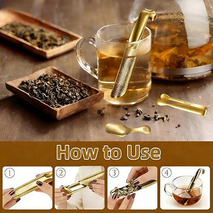 2 Pcs Tea Infuser with Hook Handle, Tea Diffusers for Loose Tea, Tea Steeper Stainless Steel Tea Strainers & Filters with Teaspoon Tea-tweezers Steel Wire Cloth(gold)