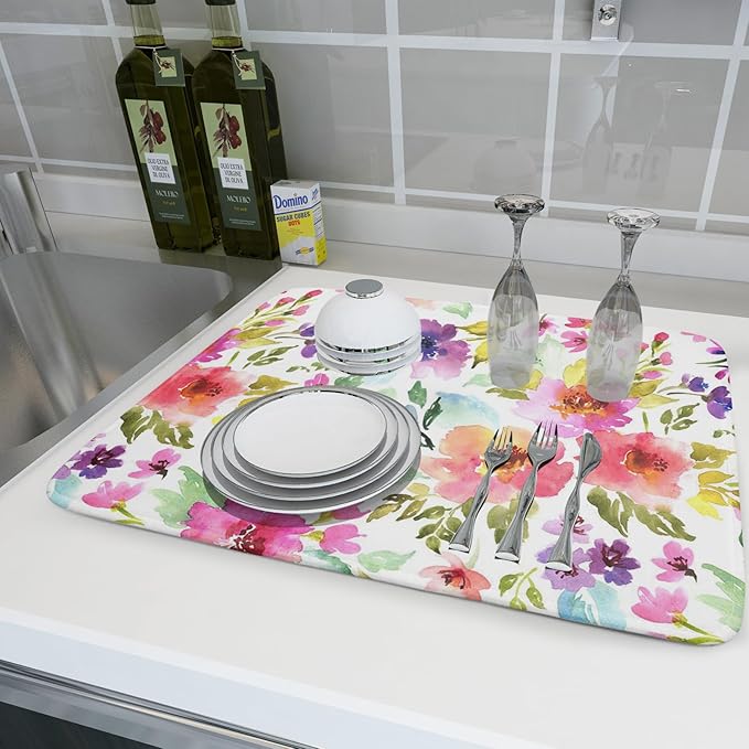 Spring Floral Dish Drying Mat for Kitchen Counter Flower Microfiber Absorbent Dish Draining Reusable Washable Foldable Extra Large 18"x24" - Image 6