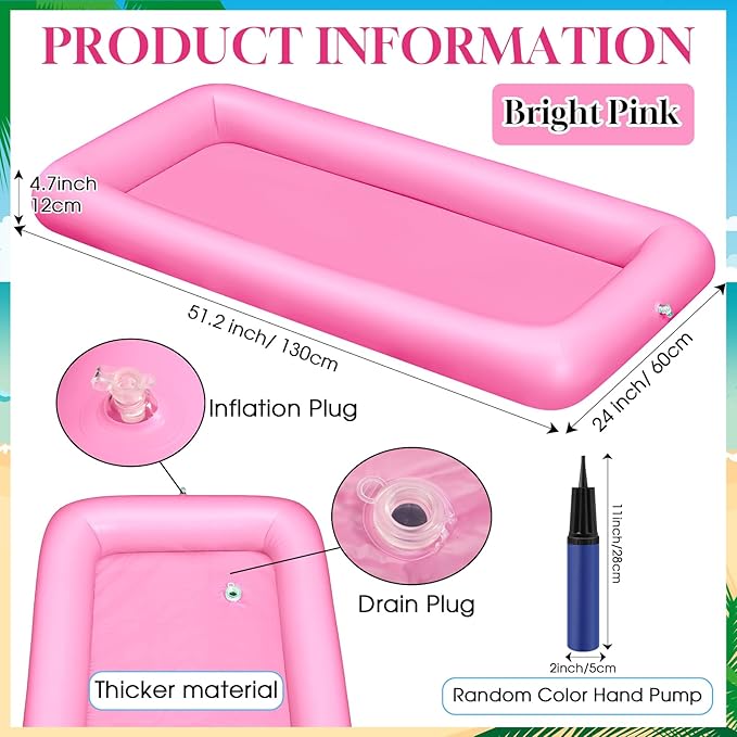 Leitee 3 Pcs Inflatable Serving Bar Kit Includes Salad Buffet Tray with Drain Plug Mesh Food Cover Food Drink Containers and Inflator for Ice Supplies Halloween Party Camping Picnic(Pink)