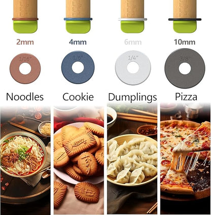 Rolling Pin with Adjustable Thickness Ring and Silicone Baking Mat for Baking, Fondant,Pizza,Pie,Cookies,Pastries,13.6"Wooden Rolling Pin Dough Roller with 4 Multi-Color Thickness Rings - Image 4
