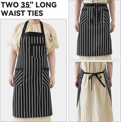 NLUS 2 Pack Cooking Aprons for Women with Pockets Adjustable Kitchen Bib Aprons for Women Men Chef, Black/White Stripe (Black/White Stripes) - Image 5