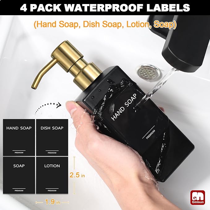 GMISUN Gold Soap Dispenser, Black Soap Dispenser Bathroom with Stainless Steel Pump, Hand and Dish Soap Dispensers Set for Kitchen, 12 fl oz/350ml Glass Liquid Refillable Lotion Dispenser Bottle - Image 4