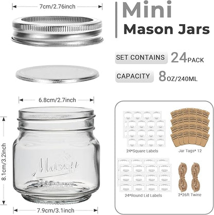 Eathtek 8 oz Glass Mason Jars with Regular Lids, 24 Pack 240 ml Canning Jars With Labels, Tags & Twine for Jam Jelly Spice Honey Herbs, Shower Favors Food Storage Wedding & Party Decor