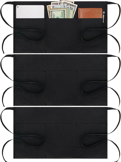 BOHARERS Cotton Server Aprons 3 Pack Waiter Waitress Apron Short Apron with Pockets Restaurant BBQ 12 Inch Black by BOHARERS
