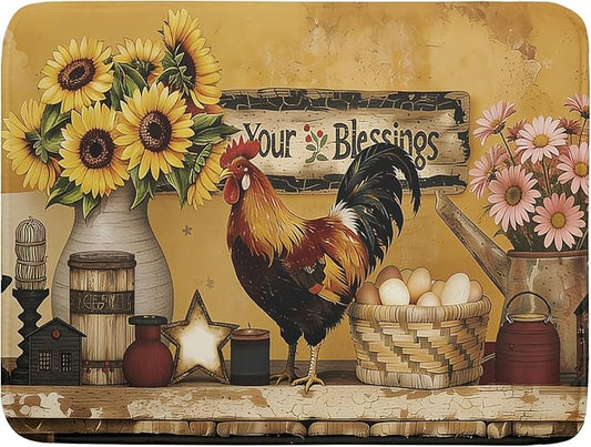 Giwawa Farmhouse Rooster Dish Drying Mat Vintage Chicken Sunflowers Dish Drainer Mats 18"x24" Rustic Primitive Microfiber Reversible Dish Drying Rack Pad Protector for Kitchen Countertop Decor