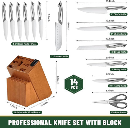 Knife Set, EWFEN 14-Piece Kitchen Knife Set with Block, German Stainless Steel Knives with Built-in Knife Sharpener, Anti-Slip Sharp Knives Set for Kitchen, Dishwasher Safe, Curved Handle - Image 2