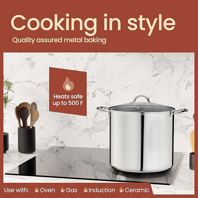 Stainless Steel Stockpot with Tempered Glass Lid 24 Quart, Durable 18/0 Stainless Steel, Impact-Bonded Base for Even Heating, Riveted Handles, Oven & All Stove Compatible, Safe Up To 500°F (260°C) - Image 3