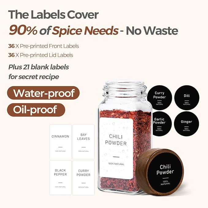 ComSaf 24Pcs (4Oz) Glass Spice Jars with Label, Airtight Seasoning Containers with Lid for Home Cooks to Organizing Herbs, Sugar, Pepper, Salt, Glass Spice Bottles Organize Cabinet & Drawer - Image 6