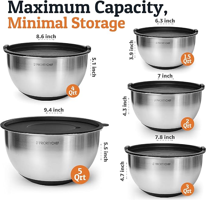 Priority Chef Stainless Steel Mixing Bowls with Lids Set, 3 Grater Attachments, Airtight Lids, Non-Slip Silicone Base Mixing Bowl Set, Large Prep Metal Mixing Bowls for Kitchen, Black - Image 2