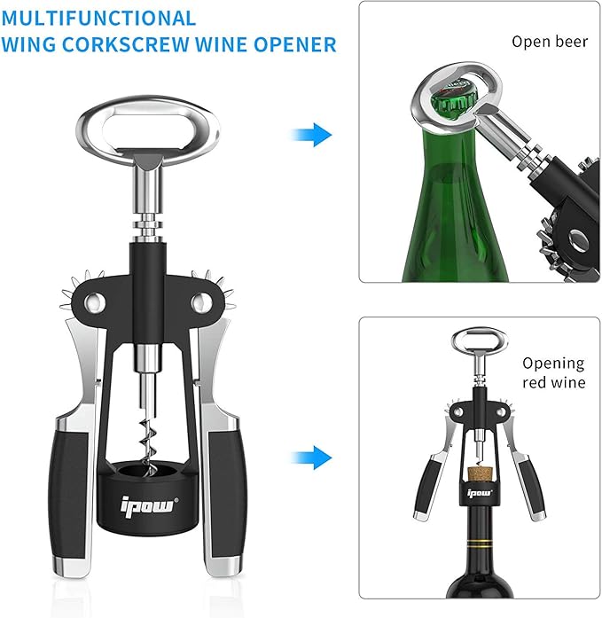 IPOW Wine Opener, Zinc Alloy Wine Bottle Opener, Wing Corkscrew Heavy Duty, Manual Multifunctional Cork Screw for Waiter, - Image 3