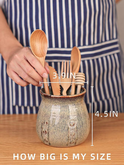 Ceramic Utensil Holder, Small Utensil Crock Ideal for Spoons, Forks and Knives, Easy to Clean 30 oz (Gradient Gray)