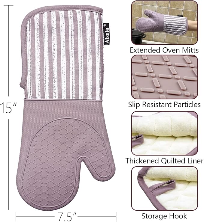 Alselo Silicone Oven Mitts Heat Resistant 932℉ with Waterproof & Non-Slip Kitchen Mittens, Set of 2 Extra Long Oven Gloves with Soft Cotton Terry Lining for Baking Cooking Barbecue(2, Purple Mitts) - Image 3