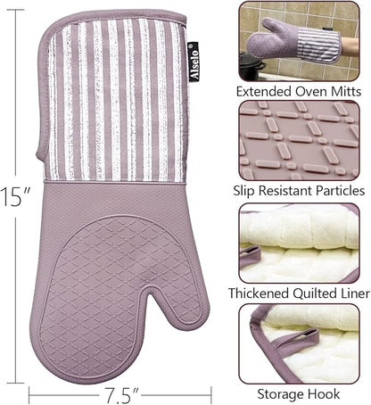 Alselo Silicone Oven Mitts Heat Resistant 932℉ with Waterproof & Non-Slip Kitchen Mittens, Set of 2 Extra Long Oven Gloves with Soft Cotton Terry Lining for Baking Cooking Barbecue(2, Purple Mitts) - Image 3
