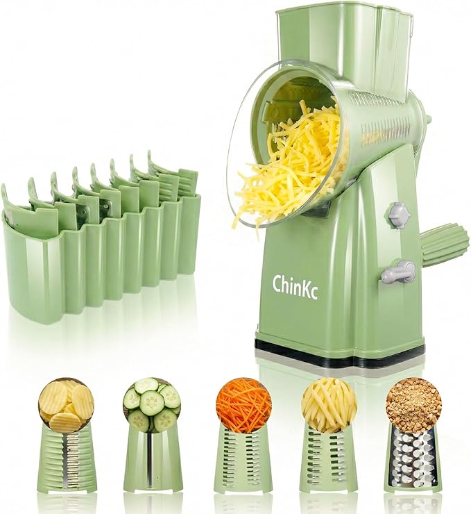 Upgrade Rotary Cheese Grater Shredder with Handle, Strong Suction Base, Multi-purpose Rotary Grater Slicer with 5 Interchangeable Blades for Ice, Vegetables, Fruit, Nuts with Blade Storage Box by ChinKc