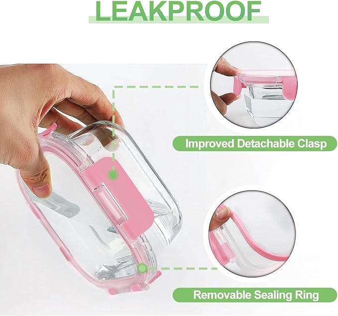 HOMBERKING Glass Food Storage Containers with Lids, [18 Piece] Glass Meal Prep Containers, Airtight Lunch Bento Boxes, BPA-Free & Leak Proof (9 lids & 9 Containers) - Pink - Image 4