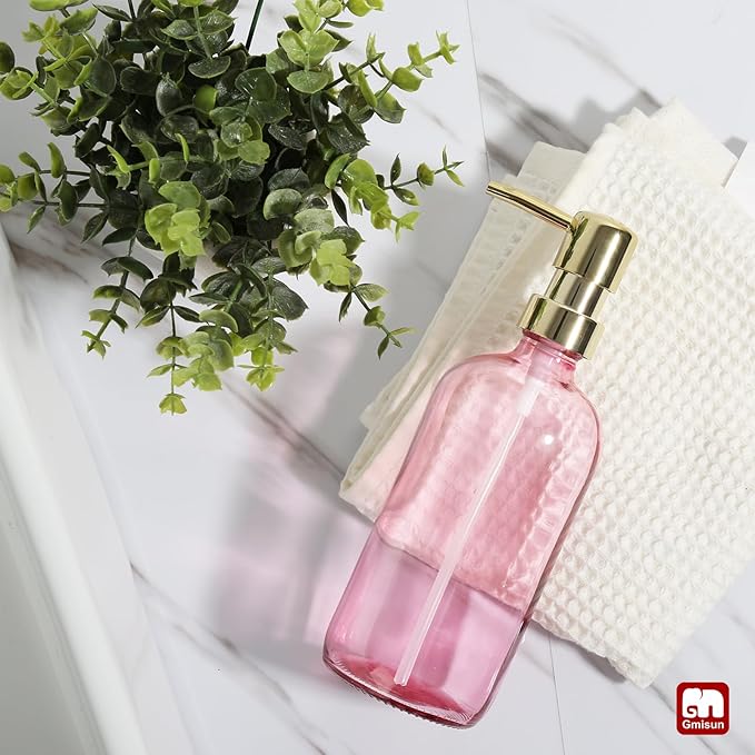 GMISUN Pink Soap Dispenser Bathroom, 1 Pack Glass Dish Soap Dispensers for Kitchen with Rustproof Plastic Gold Pump, 17 Fl Oz Bathroom Hand Soap Dispenser, Modern Liquid Dishwashing Dispensers Bottle - Image 7