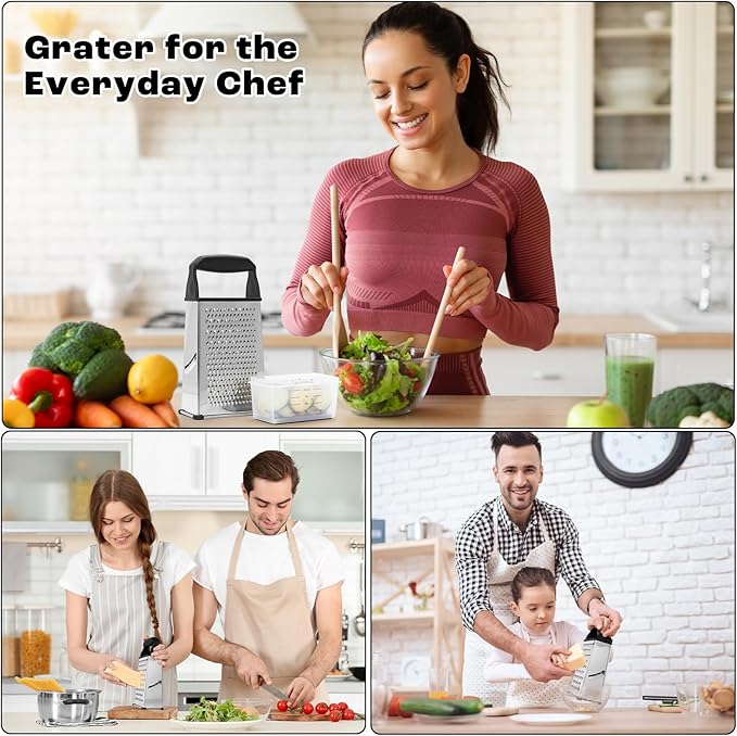 Professional Box Cheese Grater with Container & Handle – Durable Stainless Steel Cheese Shredder for Kitchen, Multi-Sided Food Chopper for Kitchen Use – Black - Image 9