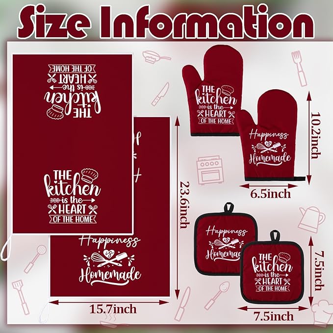 Sratte 6 Pcs Kitchen Decor Accessories Set Farmhouse Towels Pot Holders Oven Mitts Set 2 Dish Towels 2 Potholders 2 Cooking Mittens Oven Glove for Christmas Baking Cooking(Wine Red,Kitchen) - Image 4