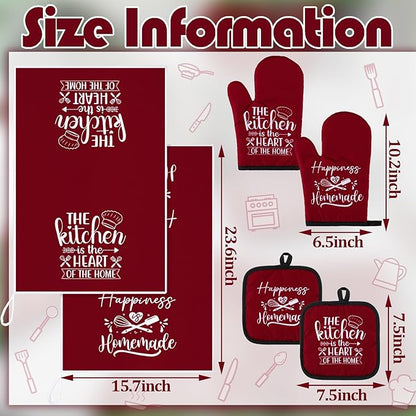 Sratte 6 Pcs Kitchen Decor Accessories Set Farmhouse Towels Pot Holders Oven Mitts Set 2 Dish Towels 2 Potholders 2 Cooking Mittens Oven Glove for Christmas Baking Cooking(Wine Red,Kitchen) - Image 4