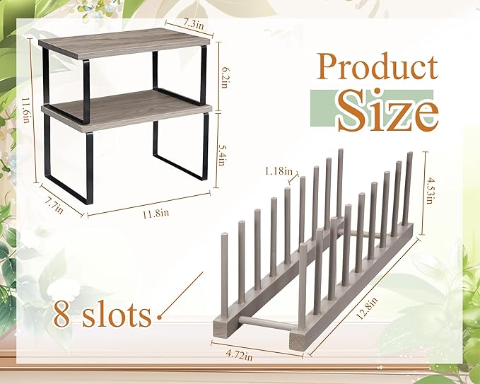 Marsui 4 Pcs Kitchen Organizer Accessories Set Cabinet Organizer Shelf and Bamboo Dish Drying Plate Rack Counter Shelves Storage Holder for Spice Rack, Dish, Pot Lid, Bowl, Cup (Gray) - Image 2
