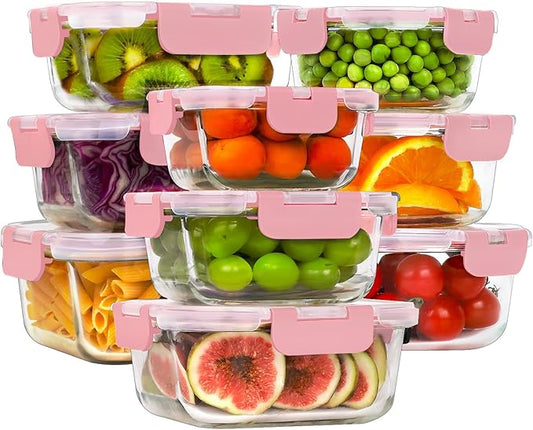 HOMBERKING Glass Food Storage Containers with Lids, [18 Piece] Glass Meal Prep Containers, Airtight Lunch Bento Boxes, BPA-Free & Leak Proof (9 lids & 9 Containers) - Pink by HOMBERKING