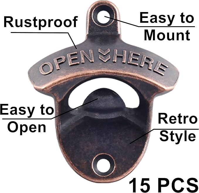 Retro Bottle Cap Opener Mountable - Stationary Wall Beer Bottle Opener Antique Copper - Cooler Mount Beer Bottle Top Opener Bulk Open Here (15 PCS) - Image 2