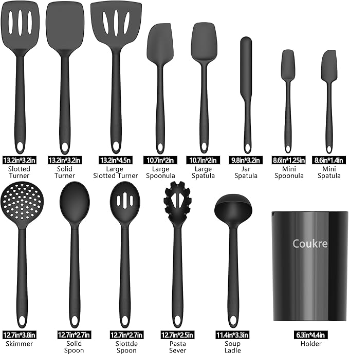 Coukre Silicone Kitchen Cooking Utensils Set with Holder – Heat-Resistant, Food-Grade Kitchen Tools, Spatula, Spoon & Gadgets for Non-Stick Pans, Dishwasher Safe (14, PureBlack) - Image 2