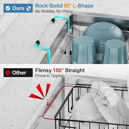 GSlife Dish Drying Rack Over the Sink - Expandable Stainless Steel Heavy Duty Dish Drainer for Small Kitchen Apartment, Space Saving Sink Rack with Secure Lock Knob and Utensil Holder, Silver