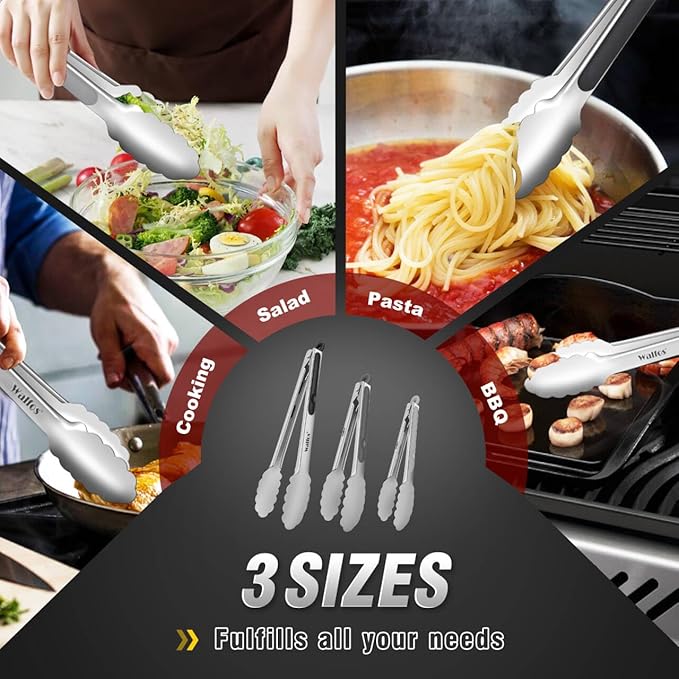 Walfos Stainless Steel Kitchen Tongs for Cooking- 7 ，9 and 12 Inch, Food Grade Metal Tongs for Cooking, BBQ, Set of 3 Heavy Duty Locking Cooking Tongs Non-Slip Grip - Image 7
