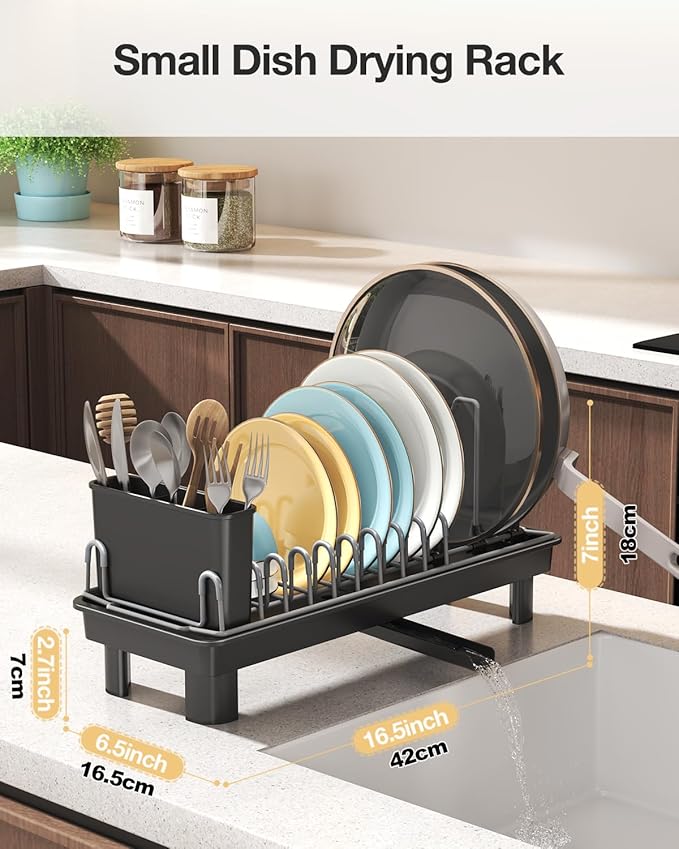 Small Dish Drying Rack Carbon Steel Dish Rack Rustproof for Kitchen Counter Compact Dish Drainer with Adjustable Slots for Small Kitchens & Apartments 16.5×6.5×7inch Black - Image 2