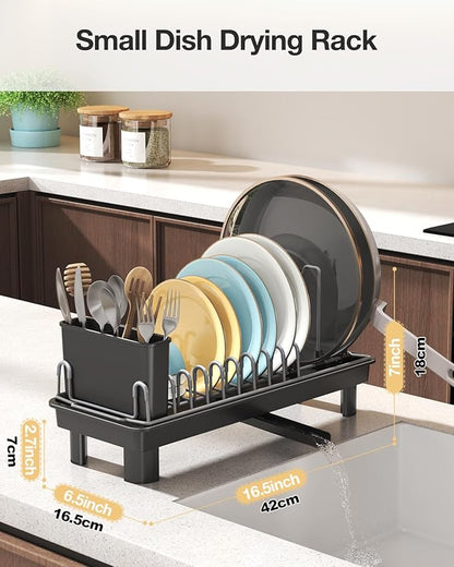 Small Dish Drying Rack Carbon Steel Dish Rack Rustproof for Kitchen Counter Compact Dish Drainer with Adjustable Slots for Small Kitchens & Apartments 16.5×6.5×7inch Black - Image 2