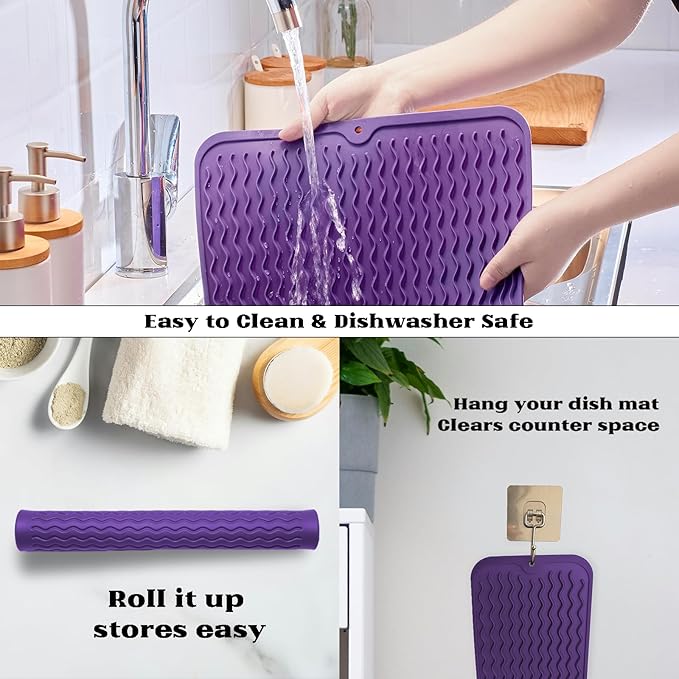 ZLR Silicone Dish Drying Mat 12" x 12" Square - Small Heat Resistant Trivet & Countertop Protector for Air Fryer, Coffee Maker - Waterproof Kitchen Drain Pad for Cups, Fruit (Meadow Violet) - Image 4