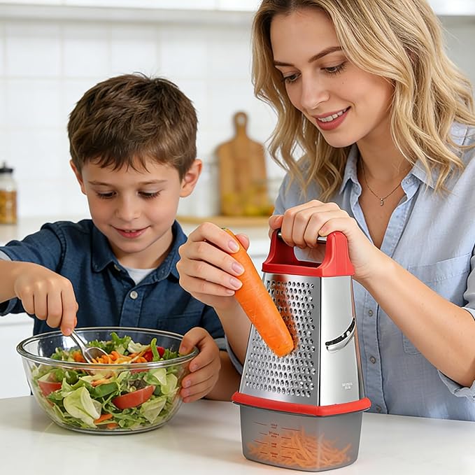 Ourokhome Cheese Grater with Handle, Stainless Steel Box Grater, 4 Side Kitchen Vegetable Shredder Slicer Zester with Container for Parmesan, Cabbage, Ginger, Lemon, Chocolate, Coconut (Red) - Image 2
