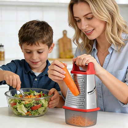 Ourokhome Cheese Grater with Handle, Stainless Steel Box Grater, 4 Side Kitchen Vegetable Shredder Slicer Zester with Container for Parmesan, Cabbage, Ginger, Lemon, Chocolate, Coconut (Red) - Image 2