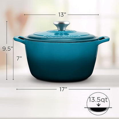 ROSSALLINI Signature Enameled Cast Iron Dutch Oven, Non-Stick Serving Pot with Tight Fitting Lid for Perfect Roasting, Baking, Sauteing, and Bread Making | 13.5Q (12.7L) - Ocean Blue