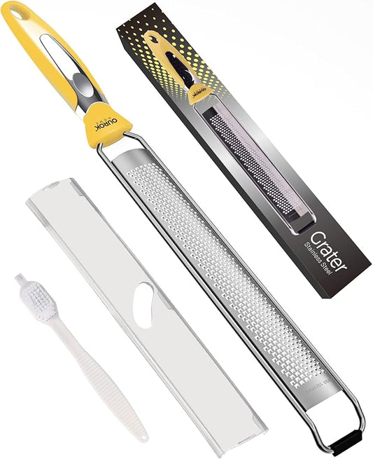 Ourokhome Kitchen Lemon Zester, Stainless Steel Hand Held Parmesan Cheese Grater for Ginger, Chocolate, Coconut, Lime, Nutmeg, Citrus, Fruit, Vegetable with Cleaning Brush, Dishwasher safe, Yellow by Ourokhome