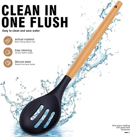 Silicone Cooking Utensils Set - AVGPD Silicone Kitchen Utensils for Cooking Wooden Handles, 446°F Heat Resistant Kitchen Utensil Spatula Sets, Gadgets for Non-Stick Cookware BPA FREE (Navy Blue) - Image 6