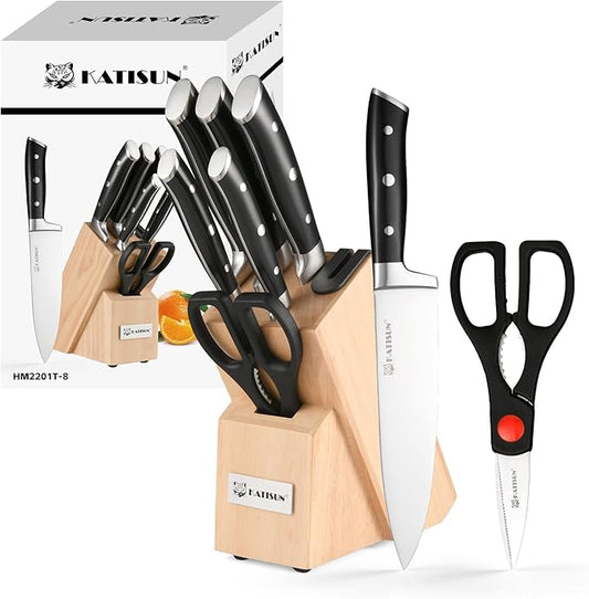 8 Piece German Stainless Steel Knife Set With Block, Ergonomic Handle Chef Knives, Sharpener and Shears for Chopping, Slicing and Cutting by KATISUN