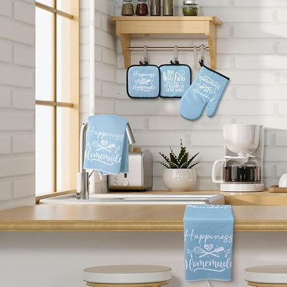 Sratte 6 Pcs Kitchen Decor Accessories Set Farmhouse Towels Pot Holders Oven Mitts Set 2 Dish Towels 2 Potholders 2 Cooking Mittens Oven Glove for Christmas Baking Cooking Supply(Light Blue,Kitchen) - Image 4