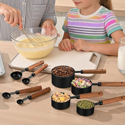 Stainless Steel Measuring Cups and Spoons Set of 8, Stackable Wooden Handle Metal Measuring Cup & Spoon Set with Metric & US Measurements, Rustic Farmhouse Kitchen Gadgets for Dry & Liquid Ingredients