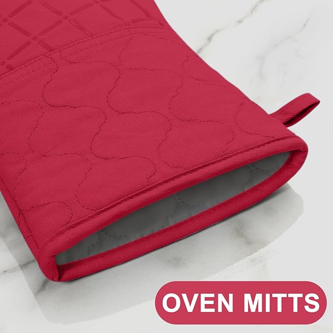 Oven Mitts Kitchen Towels and Dishcloths Pot Holders Sets, Oven Gloves Kitchen Dish Towels 500 Degree Heat Resistant Potholders with Non-Slip Silicone Surface for Cooking, Grilling, Baking-Red - Image 4