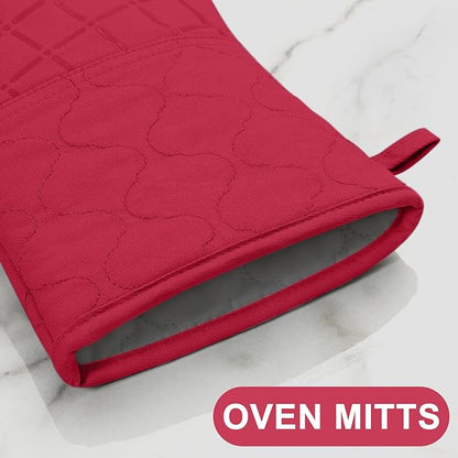 Oven Mitts Kitchen Towels and Dishcloths Pot Holders Sets, Oven Gloves Kitchen Dish Towels 500 Degree Heat Resistant Potholders with Non-Slip Silicone Surface for Cooking, Grilling, Baking-Red - Image 4