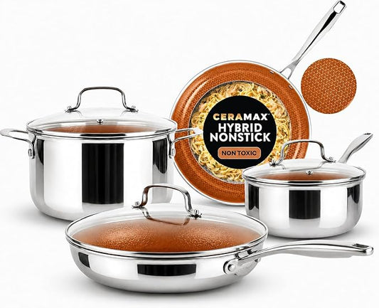 Gotham Steel Ceramax 12 Pcs Tri Ply Hybrid Stainless Steel Cookware Set, Ceramic Pots and Pans Set Non Stick with Induction Cookware, Made Without PTFE PFOA, Metal Utensil, Oven and Dishwasher Safe