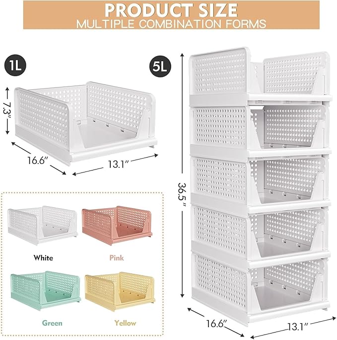 8 Pack Stackable Closet Storage Basket - Stackable Storage Bins, Multifunctional & Foldable Closet Organizer Waterproof, Wardrobe Cupboard Space-Saving Hat Storage Drawer Organizer, White - Image 3
