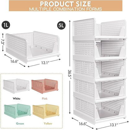 8 Pack Stackable Closet Storage Basket - Stackable Storage Bins, Multifunctional & Foldable Closet Organizer Waterproof, Wardrobe Cupboard Space-Saving Hat Storage Drawer Organizer, White - Image 3