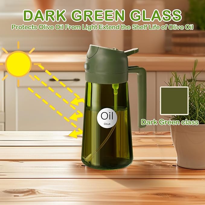 YARRAMATE 2Pcs 16oz/470ml Dark Green Oil Sprayer for Cooking with Stickers, Food-grade Premium 2 in 1 Olive Oil Dispenser Bottle for Kitchen Gadgets, Air Fryer, Salad, Frying, BBQ (Black&OliveGreen) - Image 4