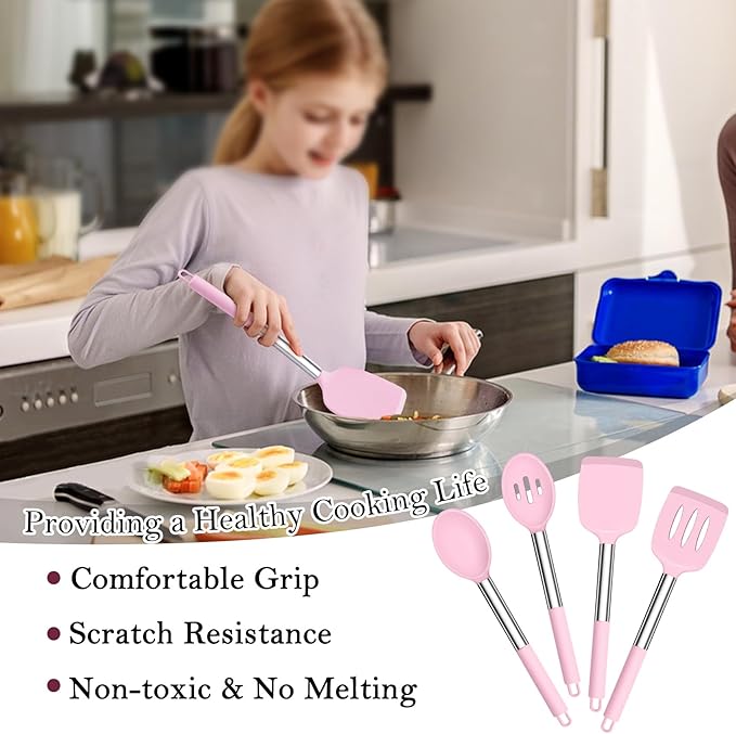 TeamFar Kitchen Utensils, 4 PCS Silicone Cooking Utensils Spatula Spoon Set with Stainless Steel Handle, for Frying Mixing Draining Turning, Healthy & Heat-proof, Non-stick & Dishwasher Safe - Pink - Image 5