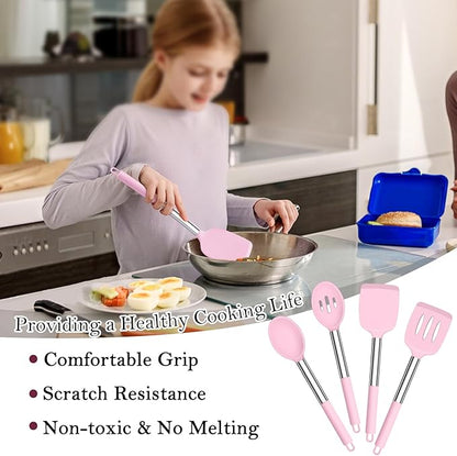 TeamFar Kitchen Utensils, 4 PCS Silicone Cooking Utensils Spatula Spoon Set with Stainless Steel Handle, for Frying Mixing Draining Turning, Healthy & Heat-proof, Non-stick & Dishwasher Safe - Pink - Image 5