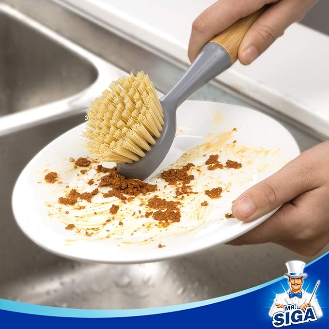 MR.SIGA Dish Brush with Bamboo Handle Built-in Scraper, Scrub Brush for Pans, Pots, Kitchen Sink Cleaning, Pack of 2 - Image 2