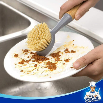MR.SIGA Dish Brush with Bamboo Handle Built-in Scraper, Scrub Brush for Pans, Pots, Kitchen Sink Cleaning, Pack of 2 - Image 2